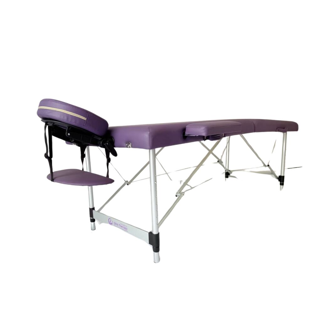 Masă de masaj portabilă, 2 secțiuni (dimensiuni 185 x 65 cm/metal)  eco piele, spuma de 4cm, Violet, Husa Transport cu roți. - imaginea 5