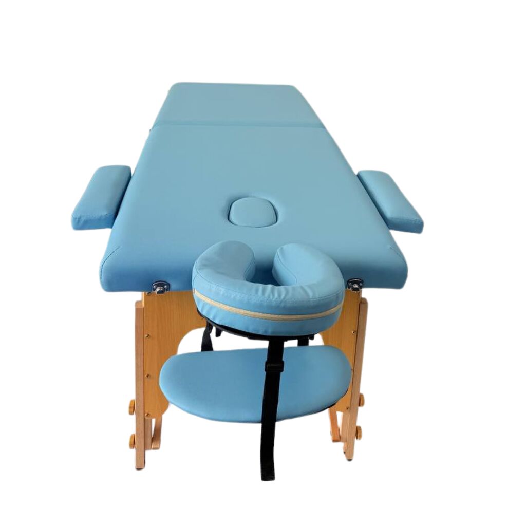 Masă de masaj portabilă,2 secțiuni (dimensiuni 185 x 65 cm/lemn dur) eco piele, spuma de 4cm Albastru,Husa Transport cu roți. - imaginea 14