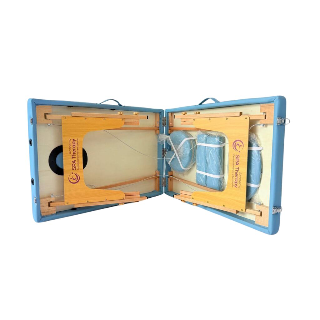 Masă de masaj portabilă,2 secțiuni (dimensiuni 185 x 65 cm/lemn dur) eco piele, spuma de 4cm Albastru,Husa Transport cu roți. - imaginea 16