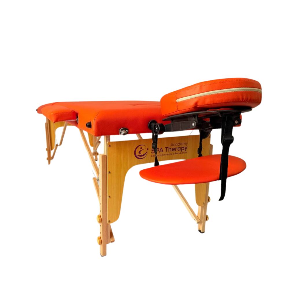 Masă de masaj portabilă, 2 secțiuni (dimensiuni 185 x 65 cm/lemn dur) eco piele, spuma de 4cm Oranj, Husa Transport cu roți. - imaginea 3