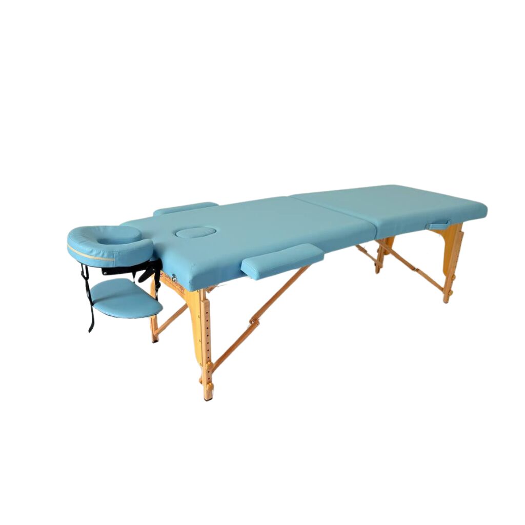 Masă de masaj portabilă,2 secțiuni (dimensiuni 185 x 65 cm/lemn dur) eco piele, spuma de 4cm Albastru,Husa Transport cu roți.