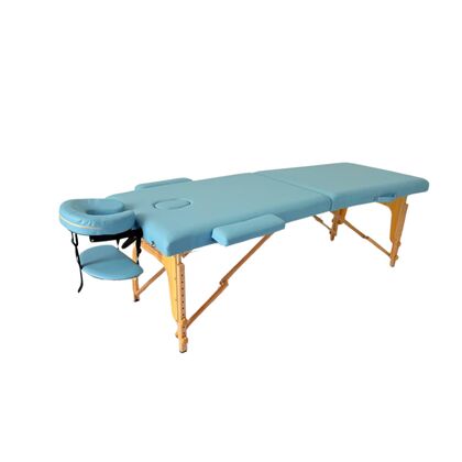 Masă de masaj portabilă,2 secțiuni (dimensiuni 185 x 65 cm/lemn dur) eco piele, spuma de 4cm Albastru,Husa Transport cu roți.
