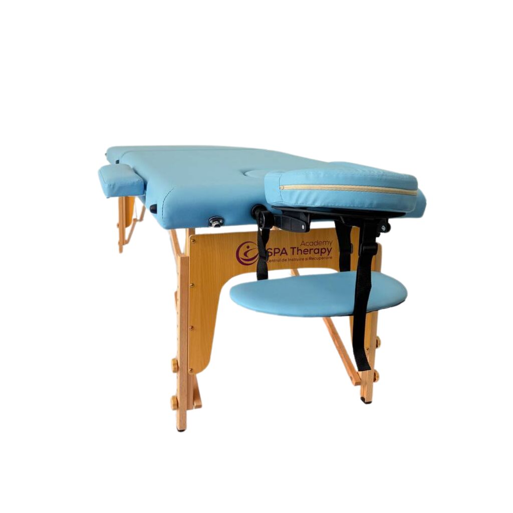 Masă de masaj portabilă,2 secțiuni (dimensiuni 185 x 65 cm/lemn dur) eco piele, spuma de 4cm Albastru,Husa Transport cu roți. - imaginea 4