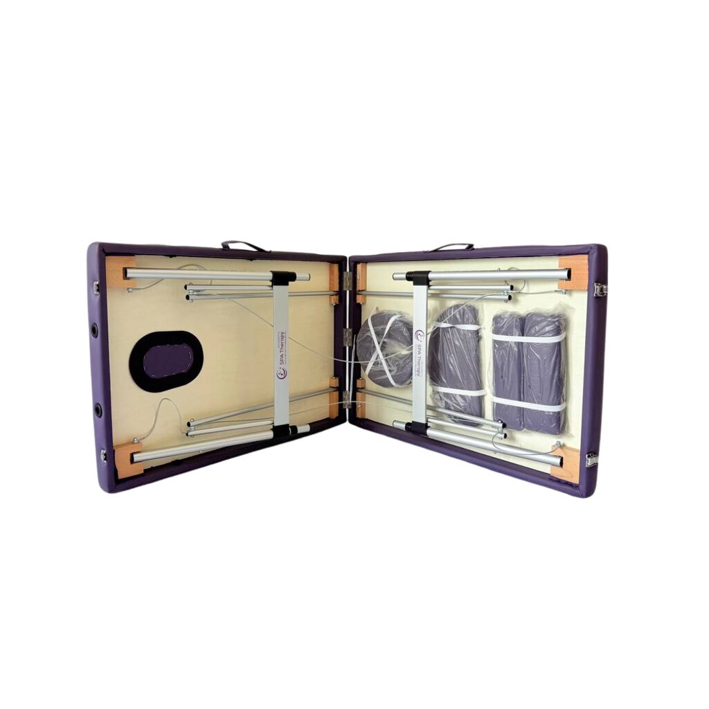 Masă de masaj portabilă, 2 secțiuni (dimensiuni 185 x 65 cm/metal)  eco piele, spuma de 4cm, Violet, Husa Transport cu roți. - imaginea 8