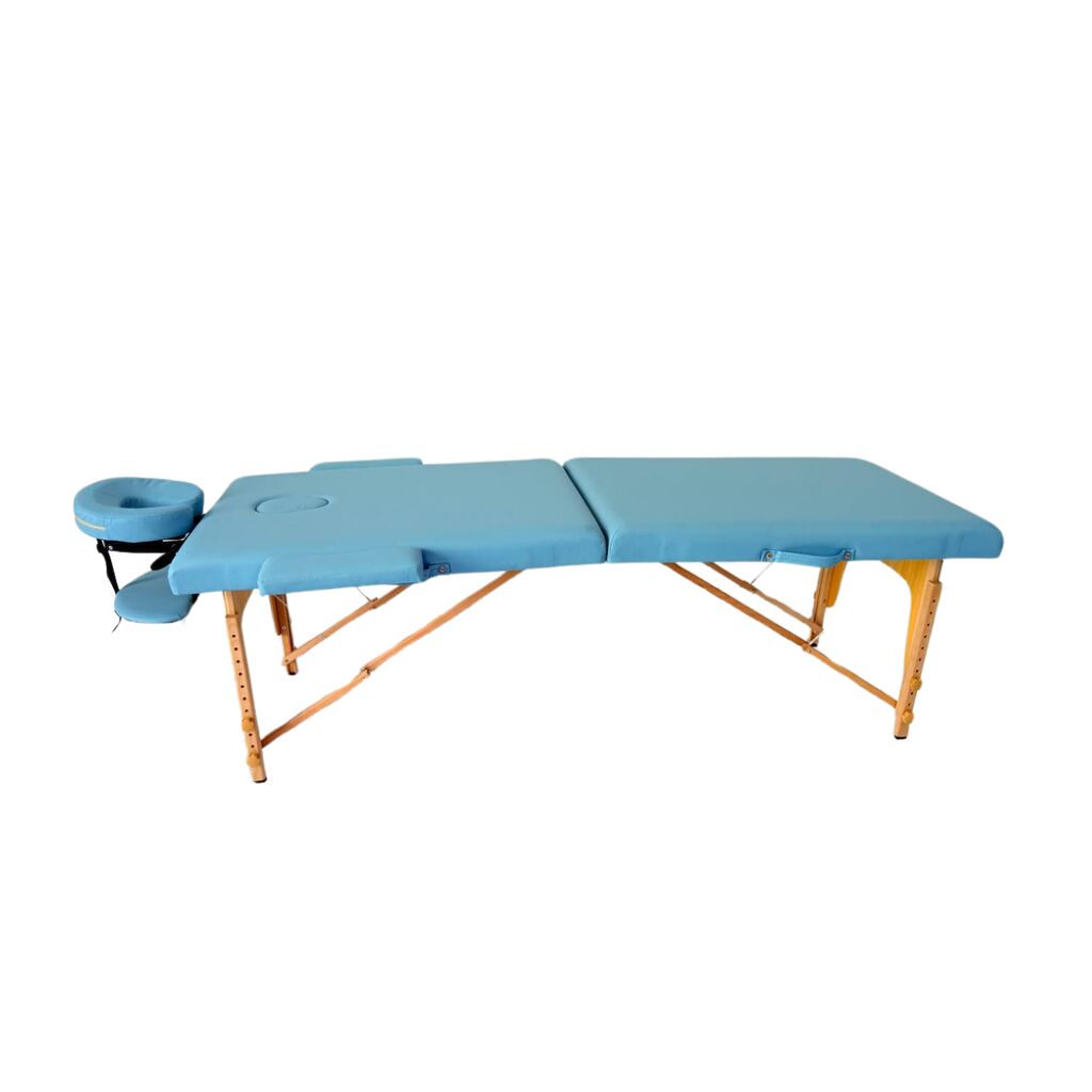 Masă de masaj portabilă,2 secțiuni (dimensiuni 185 x 65 cm/lemn dur) eco piele, spuma de 4cm Albastru,Husa Transport cu roți. - imaginea 5