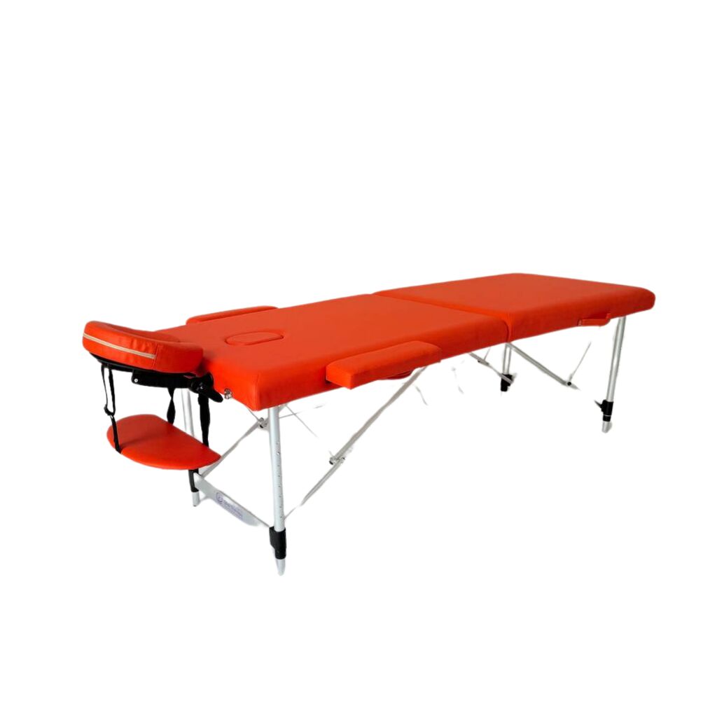 Masă de masaj portabilă, 2 secțiuni (dimensiuni 185 x 65 cm/metal)  eco piele, si 4cm de spuma Oranj, Husa Transport cu roți.