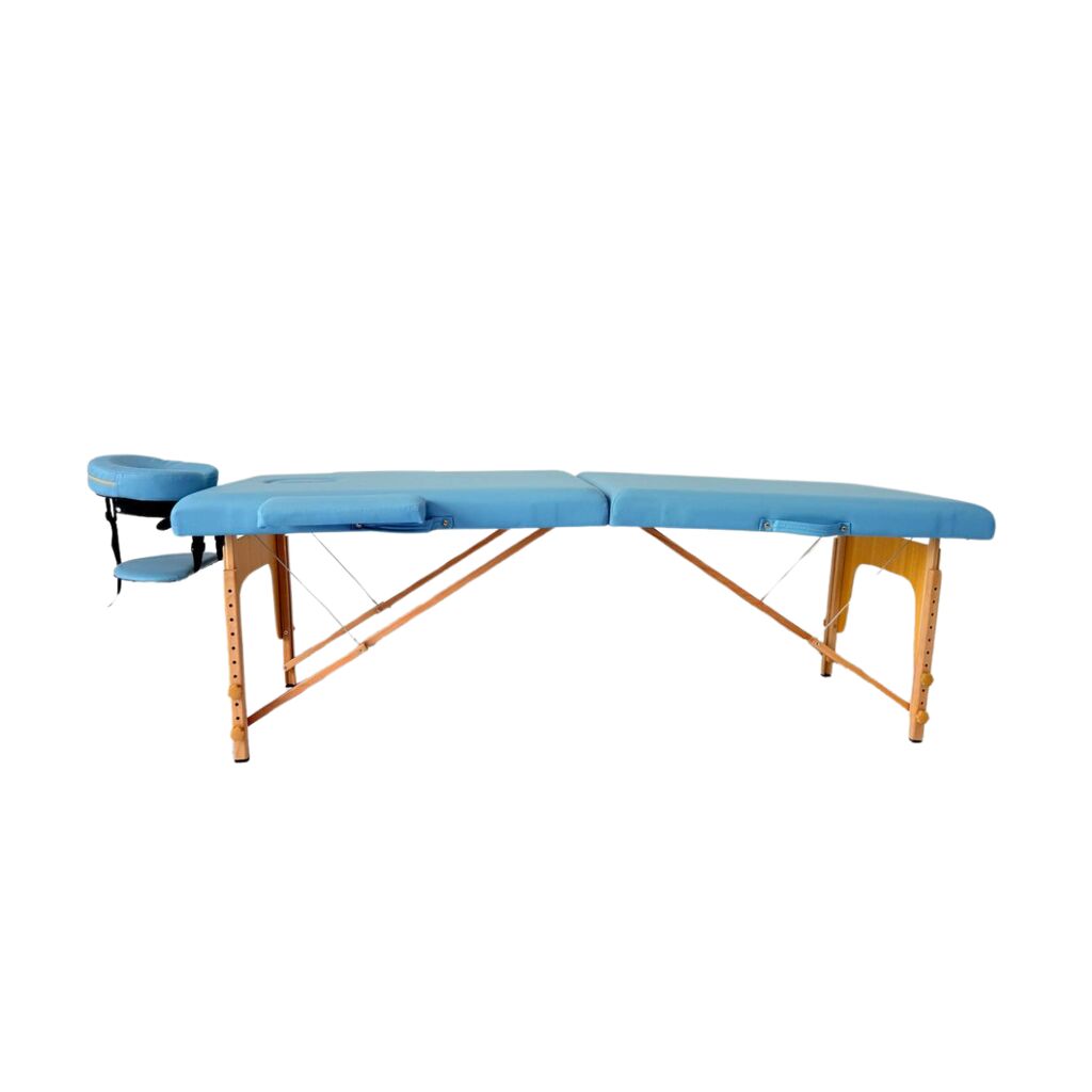 Masă de masaj portabilă,2 secțiuni (dimensiuni 185 x 65 cm/lemn dur) eco piele, spuma de 4cm Albastru,Husa Transport cu roți. - imaginea 6