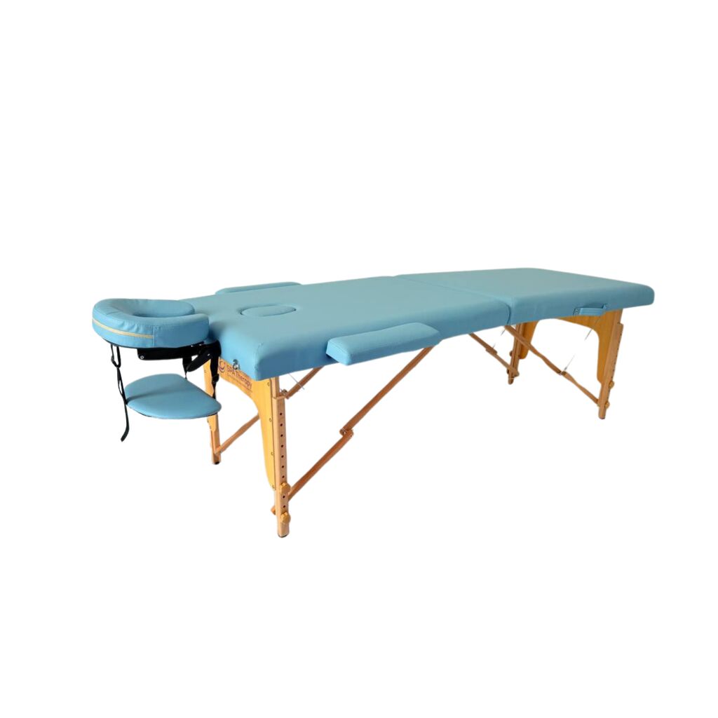 Masă de masaj portabilă,2 secțiuni (dimensiuni 185 x 65 cm/lemn dur) eco piele, spuma de 4cm Albastru,Husa Transport cu roți. - imaginea 10