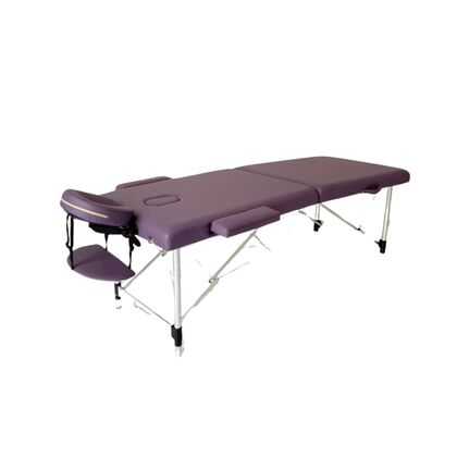 Masă de masaj portabilă, 2 secțiuni (dimensiuni 185 x 65 cm/metal)  eco piele, spuma de 4cm, Violet, Husa Transport cu roți.