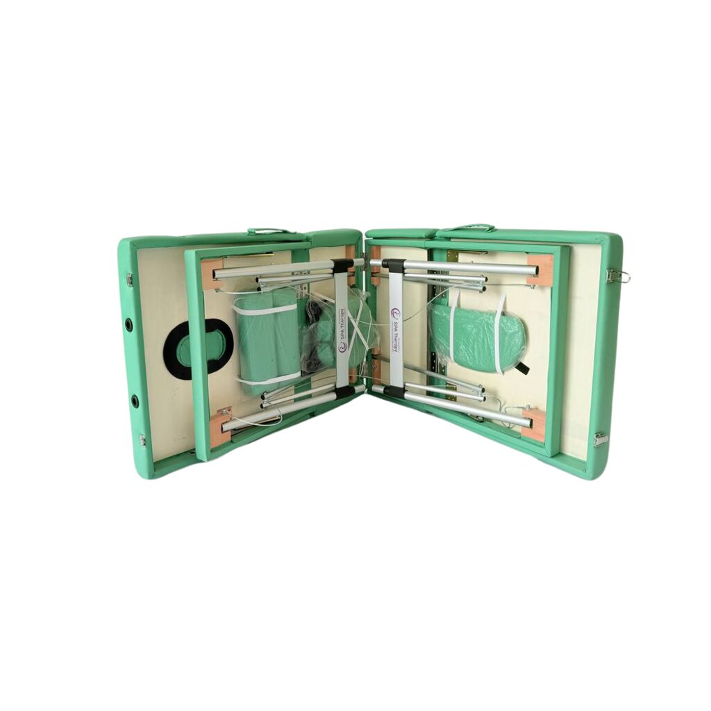 Masă de masaj portabilă 4 secțiuni (dimensiuni 185 x 65 cm/metal) eco piele, spuma de 6cm, Verde, Husa Transport. - imaginea 6