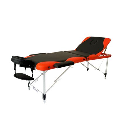 Masă de masaj portabilă 3 secțiuni (dimensiuni 185 x 65 cm/metal) eco piele, spema de 4 cm Negru/Oranj, Husa Transport.