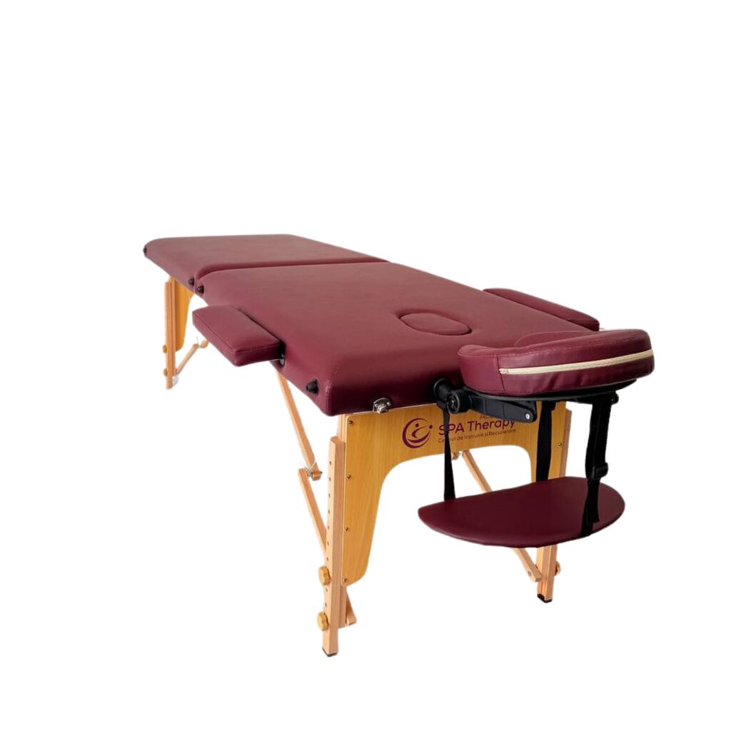 Masă de masaj portabilă,2 secțiuni (dimensiuni 185 x 65 cm/lemn foarte calitativ )  eco piele foarte rezistenta Vișiniu,Husa Transport cu roți. - imaginea 5