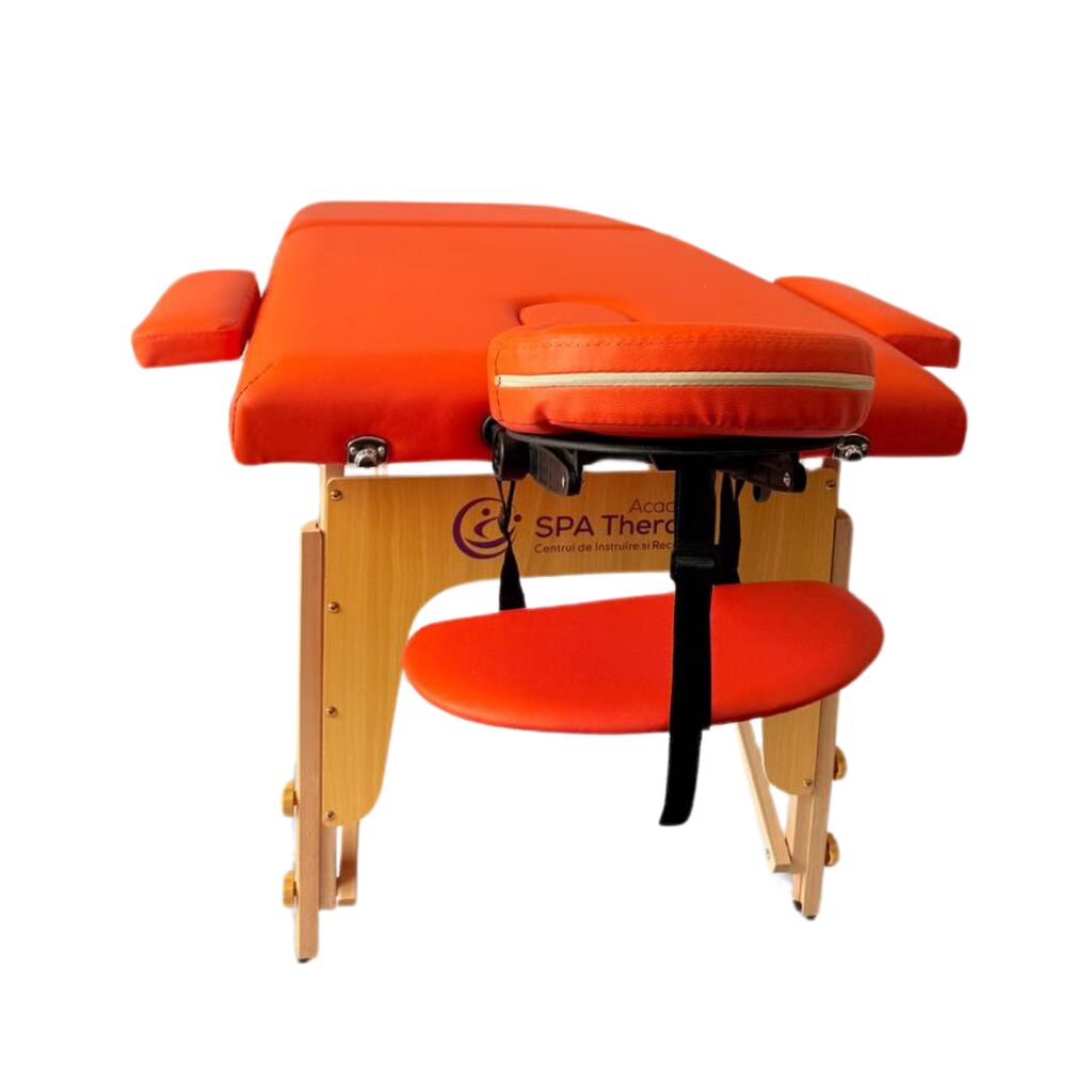 Masă de masaj portabilă, 2 secțiuni (dimensiuni 185 x 65 cm/lemn dur) eco piele, spuma de 4cm Oranj, Husa Transport cu roți. - imaginea 4