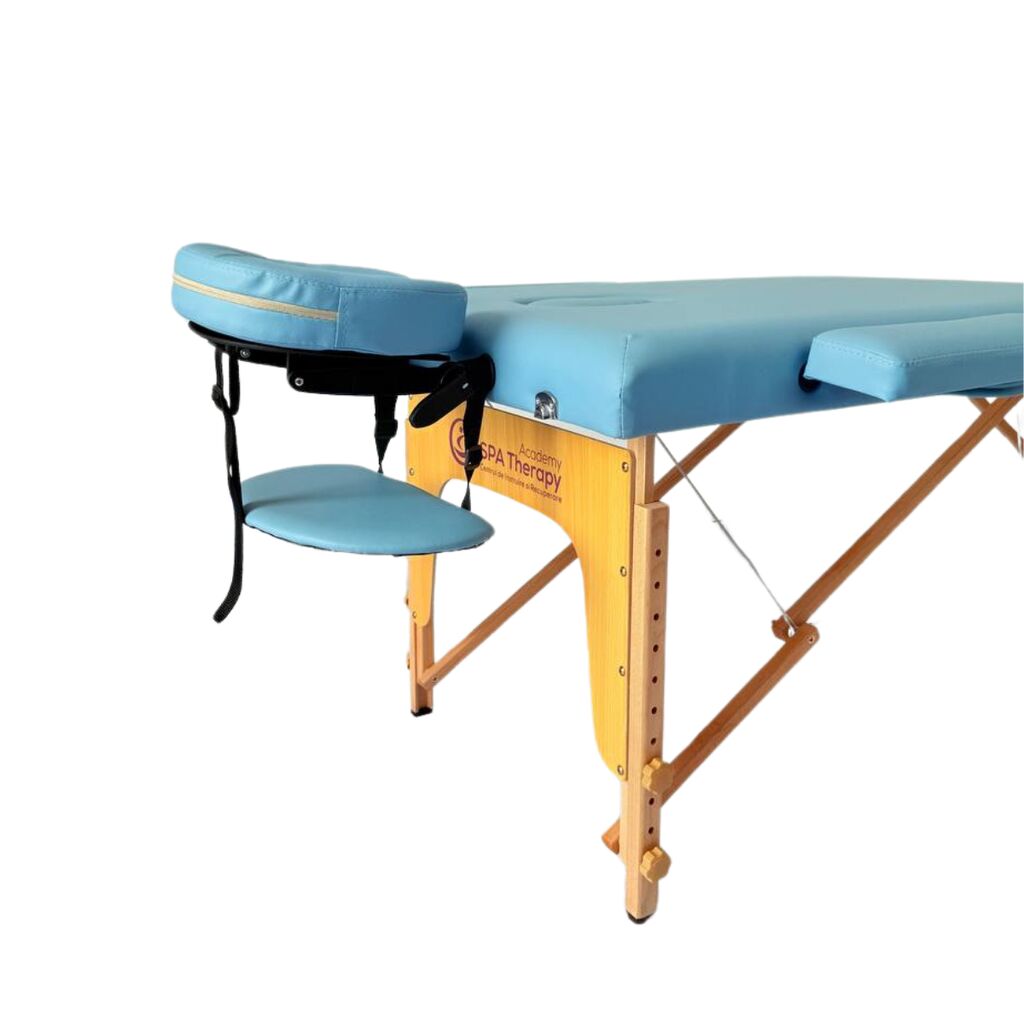 Masă de masaj portabilă,2 secțiuni (dimensiuni 185 x 65 cm/lemn dur) eco piele, spuma de 4cm Albastru,Husa Transport cu roți. - imaginea 3
