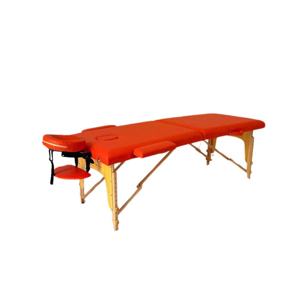 Masă de masaj portabilă, 2 secțiuni (dimensiuni 185 x 65 cm/lemn dur) eco piele, spuma de 4cm Oranj, Husa Transport cu roți.