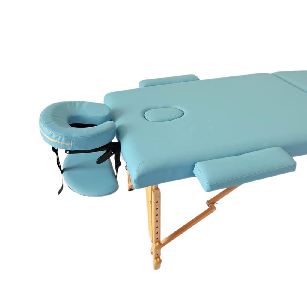 Masă de masaj portabilă,2 secțiuni (dimensiuni 185 x 65 cm/lemn dur) eco piele, spuma de 4cm Albastru,Husa Transport cu roți. - imaginea 8